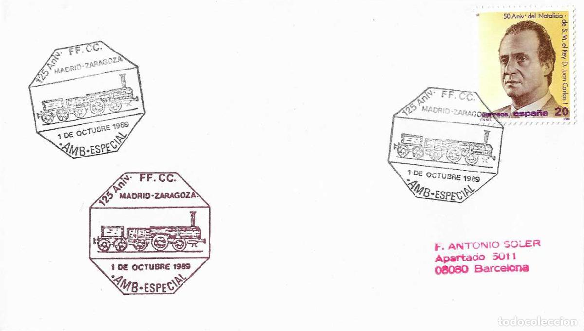 Sellos: TRENES AMBULANTE ESPECIAL 125 ANIV FERROCARRIL MADRID-ZARAGOZA 1989. MATASELLOS SOBRE ILUSTRADO RWR