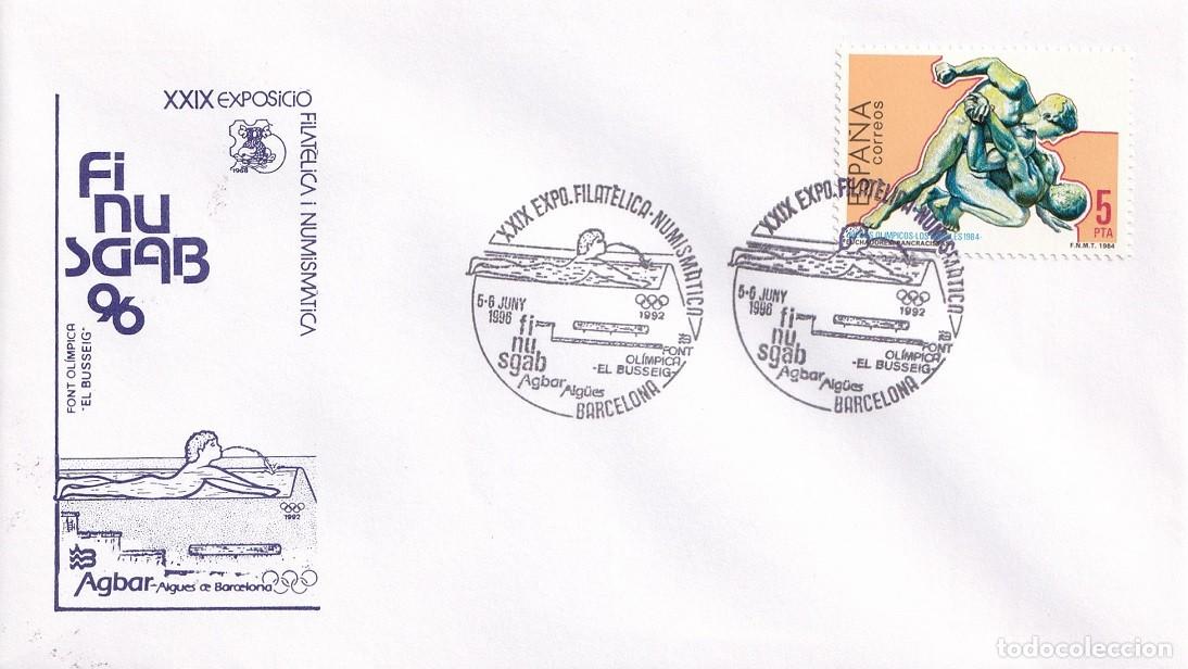 Sellos: Sobre Barcelona 1996 Finusgab 96 - XXIX Exposici&oacute; filat&egrave;lica i numism&agrave;tica Font ol&iacute;mpica El busseig