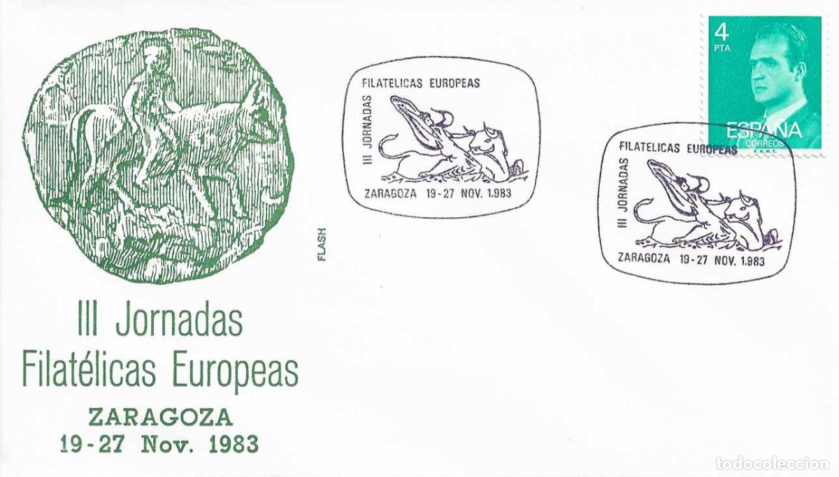 Sellos: EL RAPTO DE EUROPA III JORNADAS FILATELICAS EUROPEAS, ZARAGOZA 1983. RARO MATASELLOS EN SOBRE FLASH