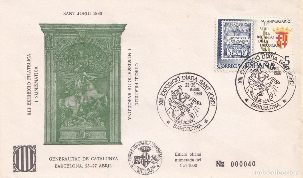 Sellos: Sobre 40 de 1000 Barcelona - Sant Jordi 1986 - XIII Exhibici&oacute; Filat&egrave;lica i Numism&agrave;tica - Matasellos