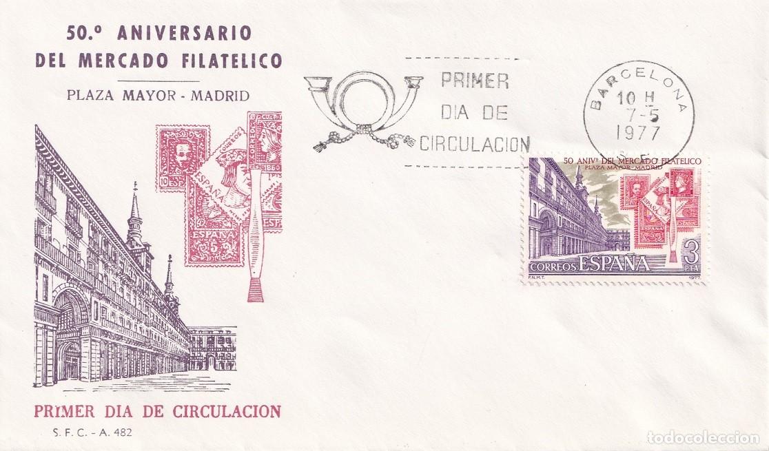 Sellos: SPD Barcelona 1977 - 50&ordm; Aniversario del Mercado Filat&eacute;lico - Plaza Mayor Madrid - Primer d&iacute;a