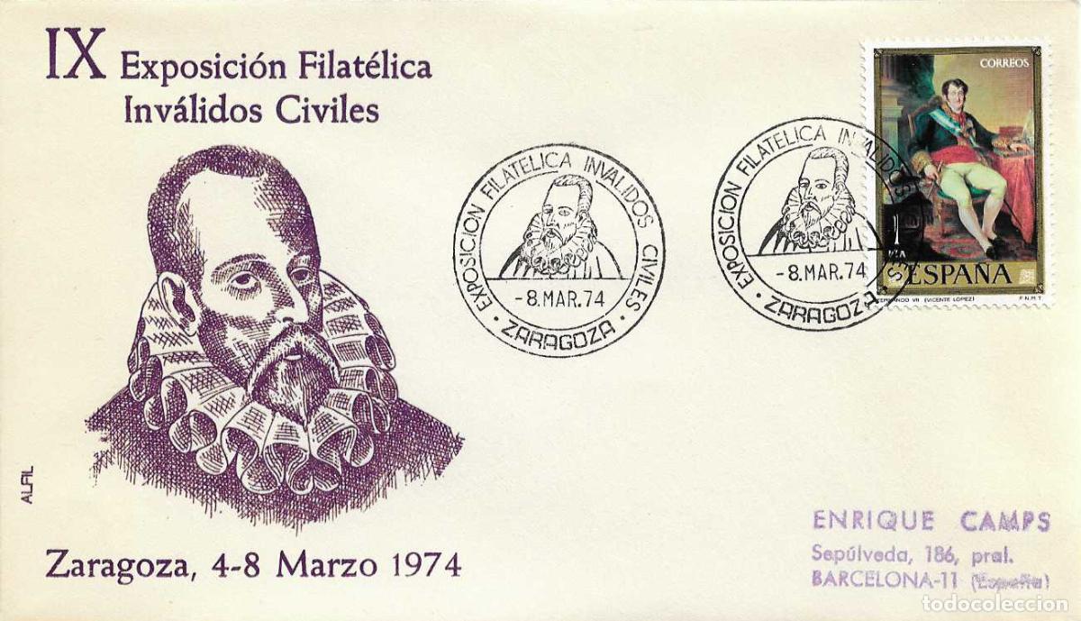 Sellos: CERVANTES INVALIDOS CIVILES IX EXPOSICION, ZARAGOZA 1974. RARO MATASELLOS EN SOBRE DE ALFIL