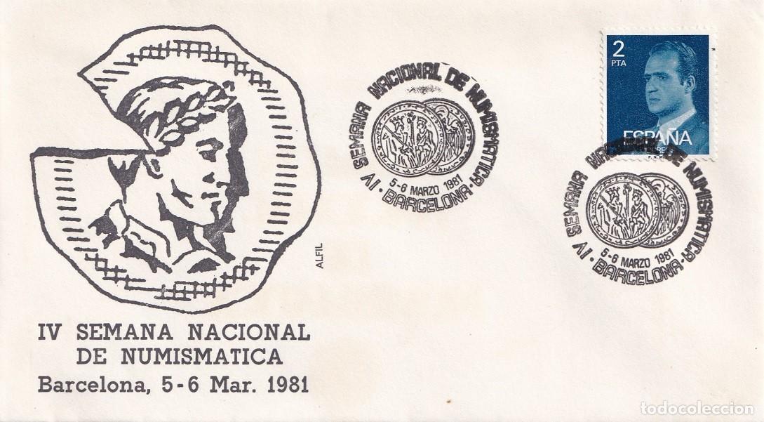 Sellos: Sobre en Alfil Barcelona 1981 - IV Semana Nacional de Numism&aacute;tica - Matasellos especiales