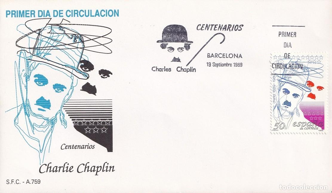 Sellos: SPD Barcelona 1989 - Centenarios - Charlie Chaplin - Charles Chaplin - Charlot - Primer d&iacute;a circulac