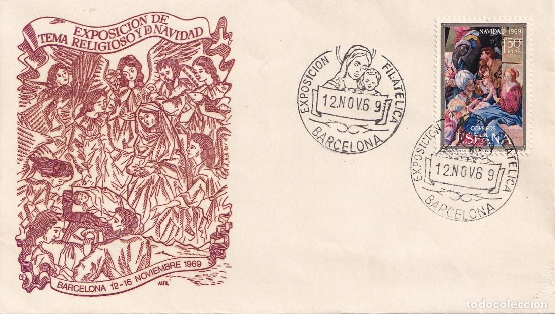 Sellos: Sobre Barcelona 1969 - Exposici&oacute;n filat&eacute;lica de tema religioso y de Navidad - Matasellos