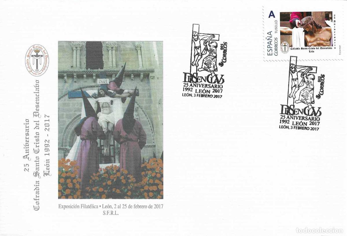 Sellos: RARO TU SELLO SEMANA SANTA COFRADIA STO CRISTO DEL DESENCLAVO 25 ANIVER, LEON 2017. MATASELLOS SOBRE