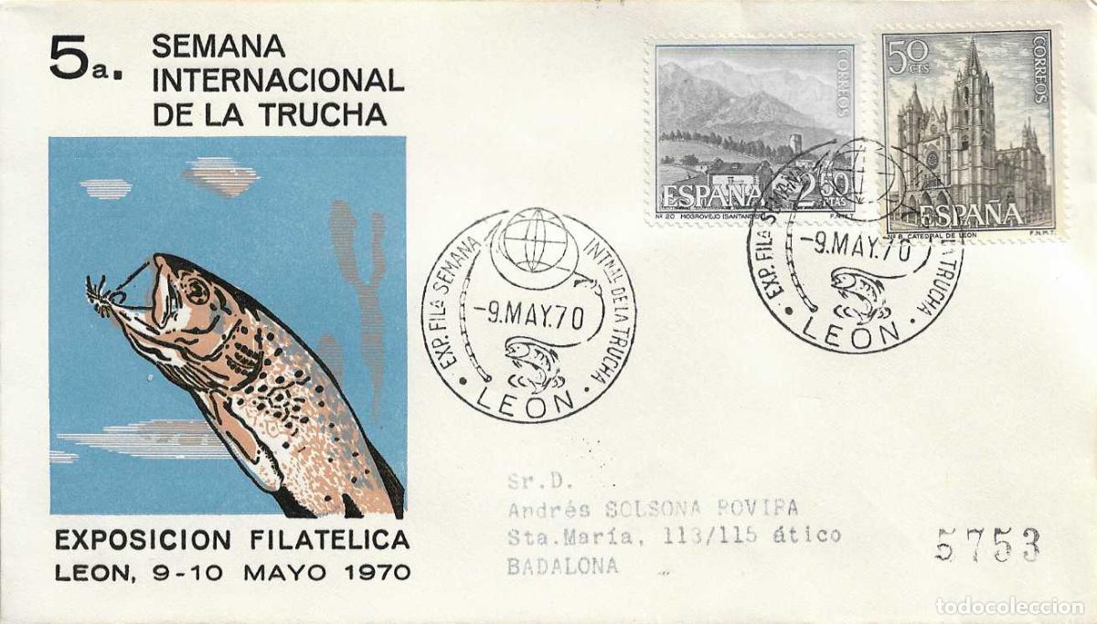 Sellos: PECES TRUCHA V SEMANA INTERNACIONAL, LEON 1970. MATASELLOS EN SOBRE CIRCULADO DE ALFIL RARO ASI RWR