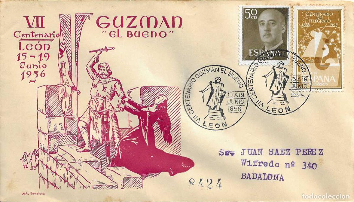 Sellos: GUZMAN EL BUENO VII CENTENARIO, LEON 1956. MATASELLOS EN SOBRE CIRCULADO DE ALFIL RARO ASI