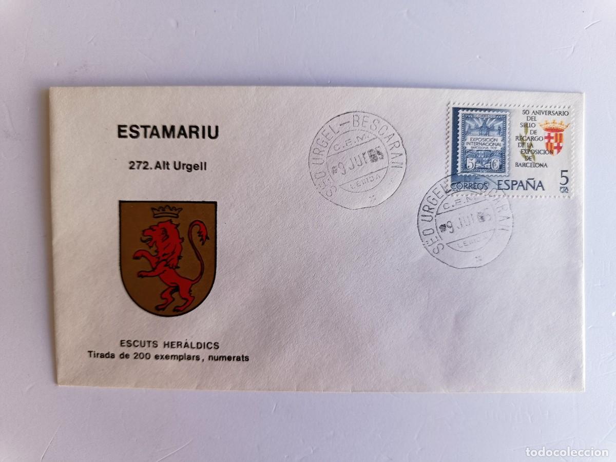 Sellos: MATASELLOS EN SOBRE ILUSTRADO CON ESCUDO DE LA POBLACI&Oacute;N DE ESTAMARIU - ALT URGELL - LERIDA