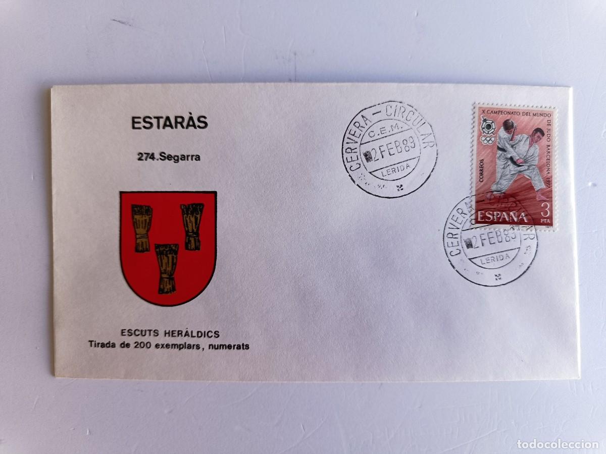 Sellos: MATASELLOS EN SOBRE ILUSTRADO CON ESCUDO DE LA POBLACI&Oacute;N D'ESTAR&Agrave;S - SEGARRA - LERIDA