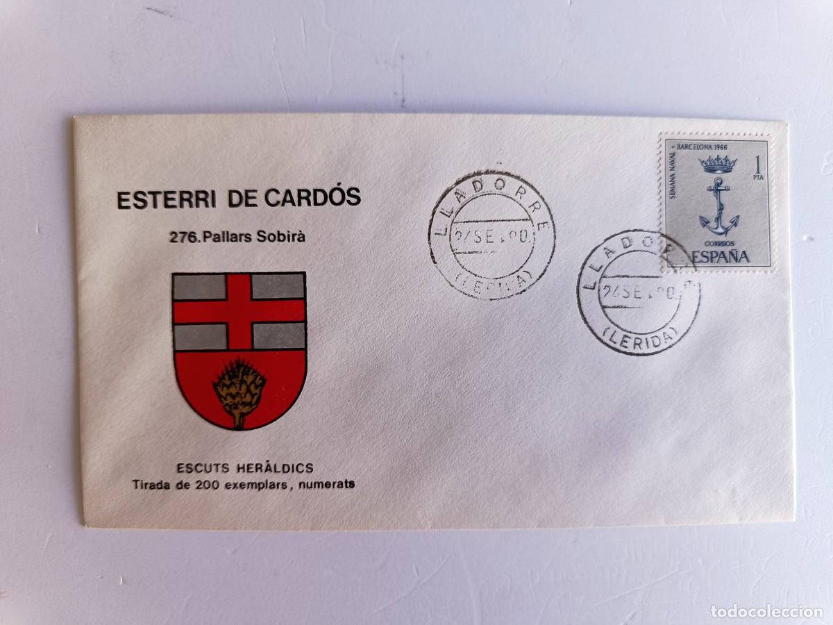 Sellos: MATASELLOS EN SOBRE ILUSTRADO CON ESCUDO DE LA POBLACI&Oacute;N D'ESTERRI DE CARD&Oacute;S - PALL. SOBIR&Agrave; - LERIDA