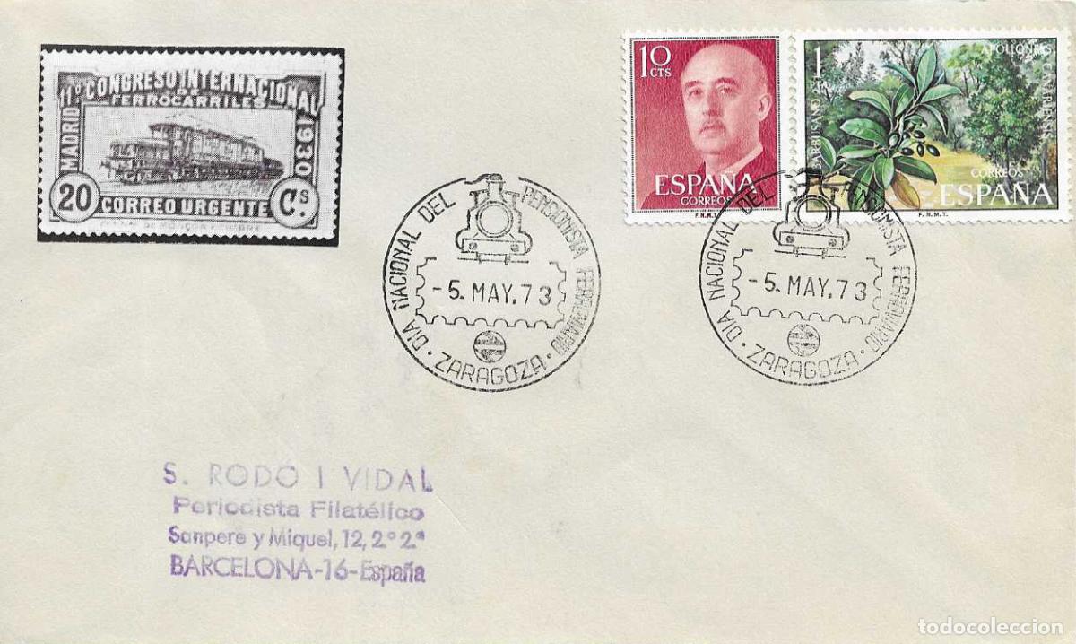 Sellos: TRENES DIA NACIONAL PENSIONISTA FERROVIARIO, ZARAGOZA 1973 MATASELLOS FERROCARRIL EN SOBRE ILUSTRADO