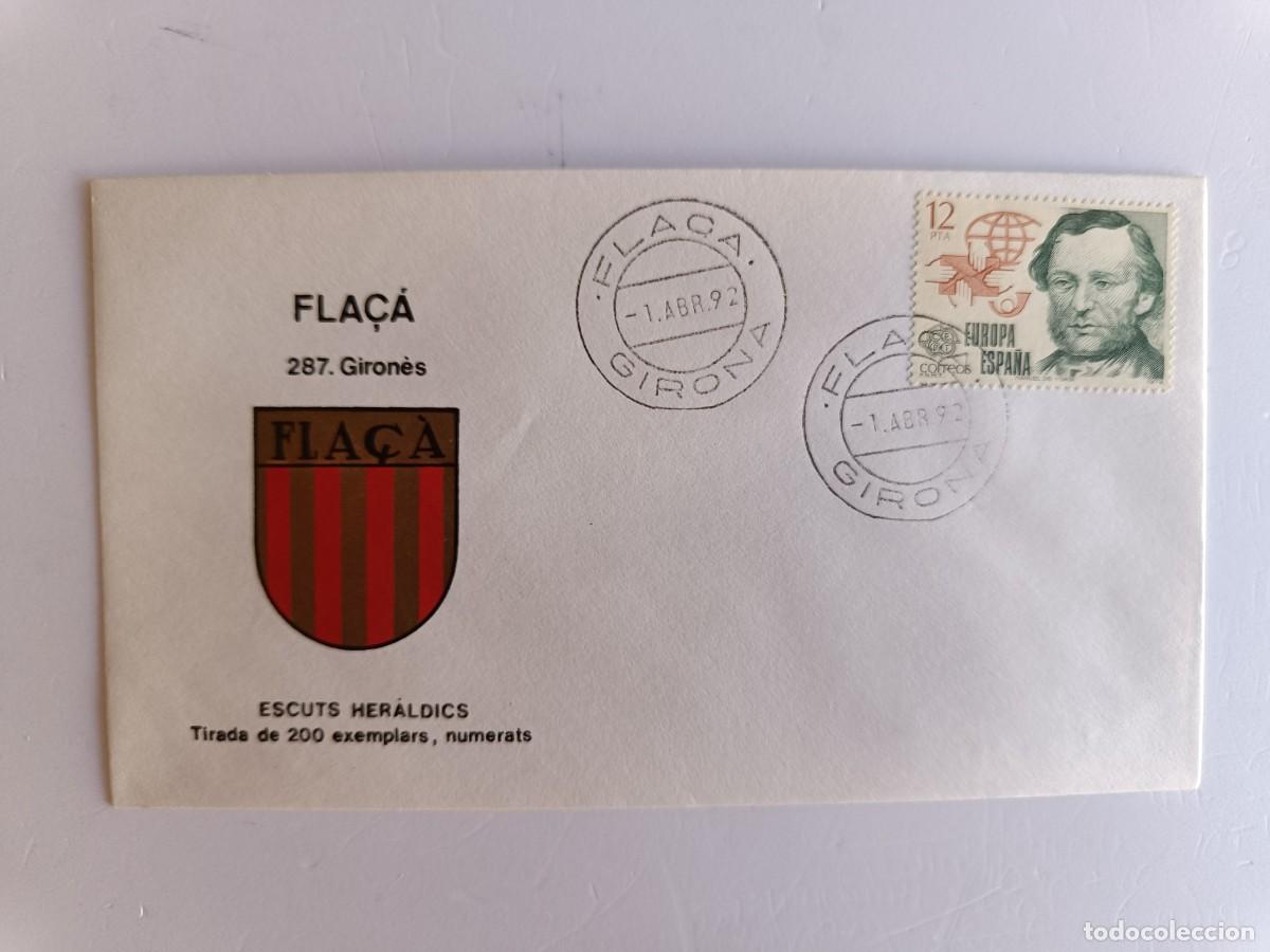 Sellos: MATASELLOS EN SOBRE ILUSTRADO CON ESCUDO DE LA POBLACI&Oacute;N DE FLA&Ccedil;&Agrave;S - GIRON&Egrave;S - GIRONA