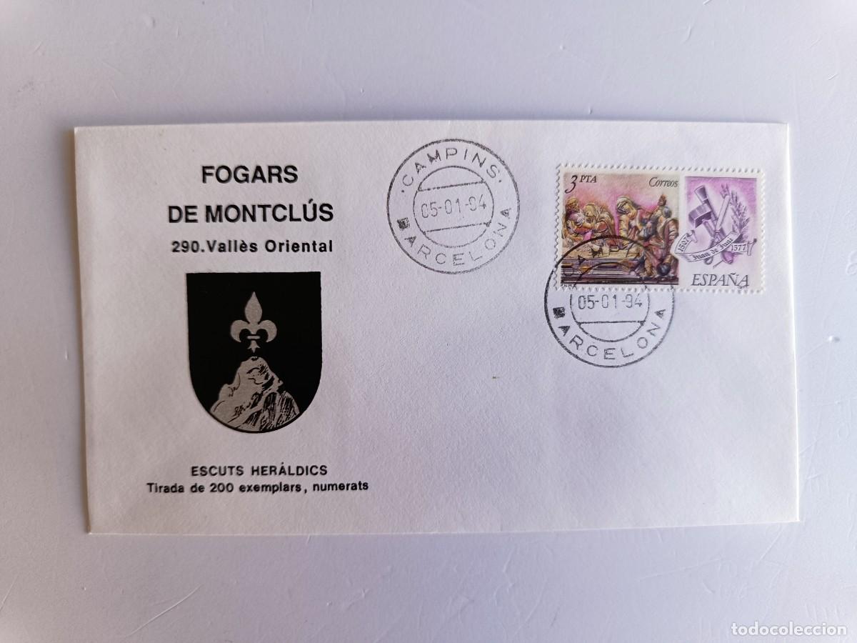 Sellos: MATASELLOS EN SOBRE ILUSTRADO CON ESCUDO DE LA POBLACI&Oacute;N DE FOGARS DE MONTCL&Uacute;S - V. ORIENTAL - BARNA