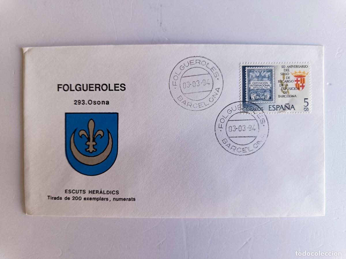 Sellos: MATASELLOS EN SOBRE ILUSTRADO CON ESCUDO DE LA POBLACI&Oacute;N DE FOLGUEROLES - OSONA - BARCELONA