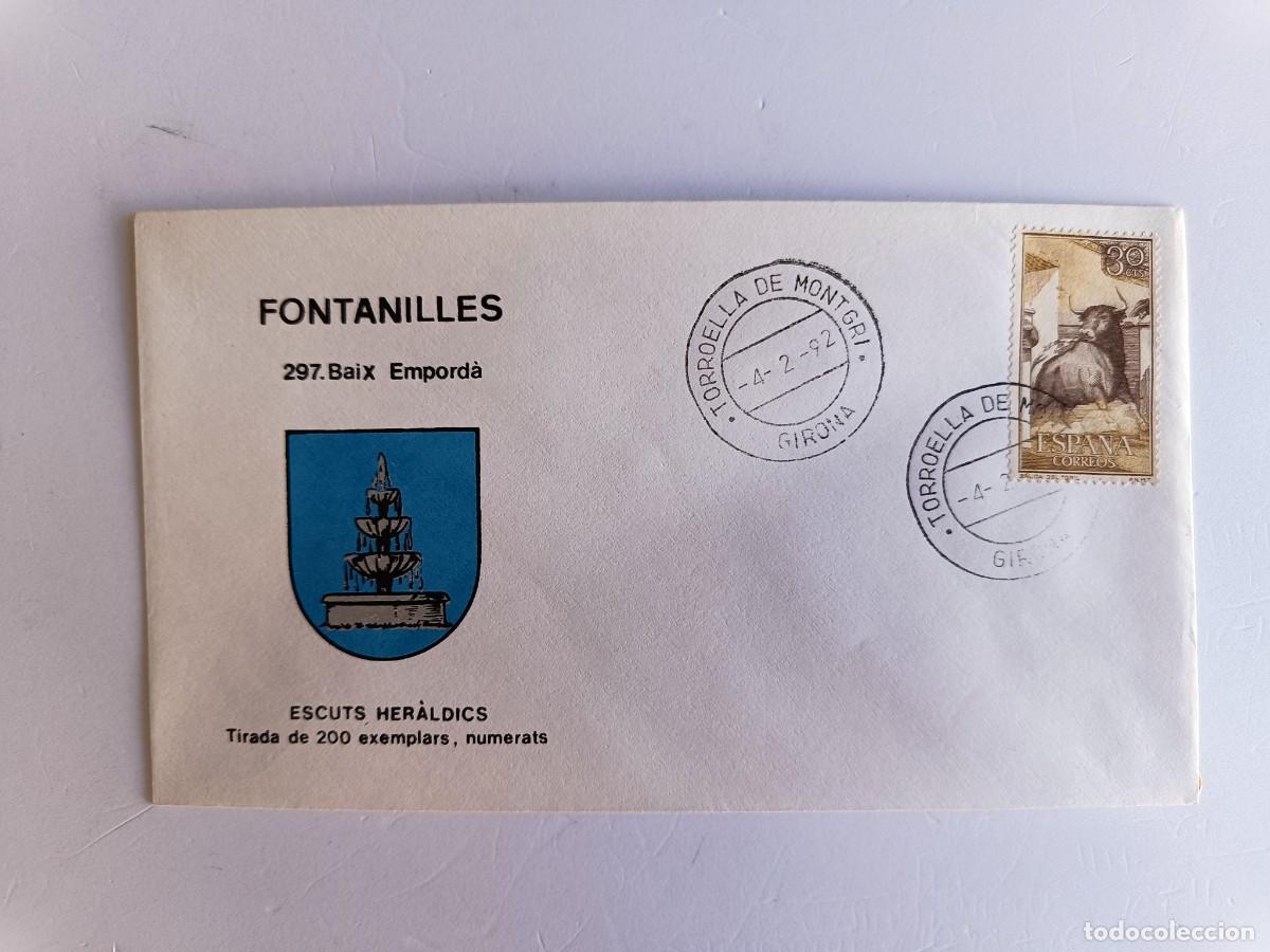 Sellos: MATASELLOS EN SOBRE ILUSTRADO CON ESCUDO DE LA POBLACI&Oacute;N DE FONTANILLES - BAIX EMPORD&Agrave; - GERONA