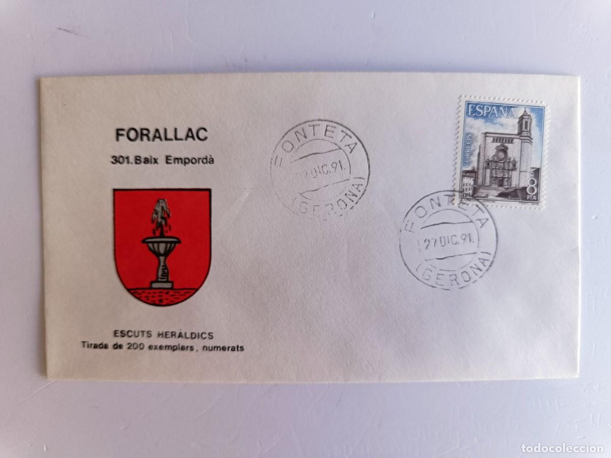 Sellos: MATASELLOS EN SOBRE ILUSTRADO CON ESCUDO DE LA POBLACI&Oacute;N DE FORALLAC - BAIX EMPORD&Agrave; - GERONA