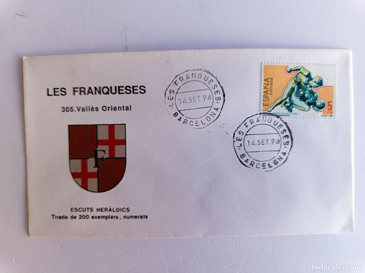 Sellos: MATASELLOS EN SOBRE ILUSTRADO CON ESCUDO DE LA POBLACI&Oacute;N DE LES FRANQUESES - VALL&Egrave;S ORIENTAL - BARNA