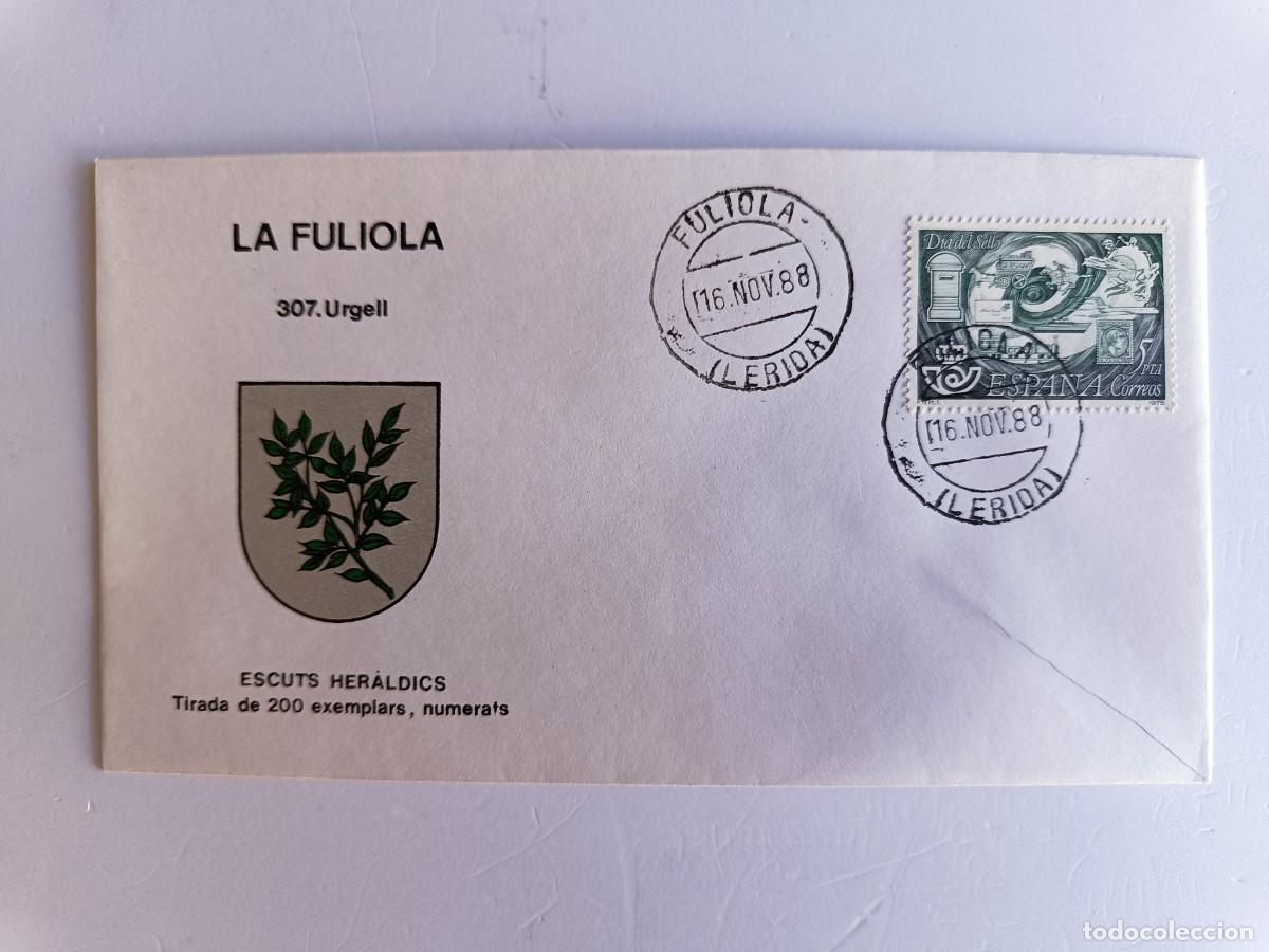 Sellos: MATASELLOS EN SOBRE ILUSTRADO CON ESCUDO DE LA POBLACI&Oacute;N DE LA FULIOLA - URGELL - LERIDA