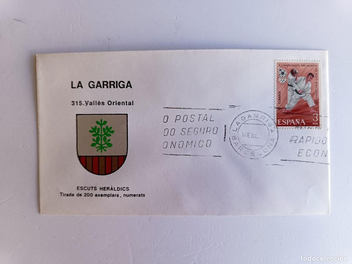 Sellos: MATASELLOS EN SOBRE ILUSTRADO CON ESCUDO DE LA POBLACI&Oacute;N DE LA GARRIGA - VALL&Egrave;S ORIENTAL - BERCELONA