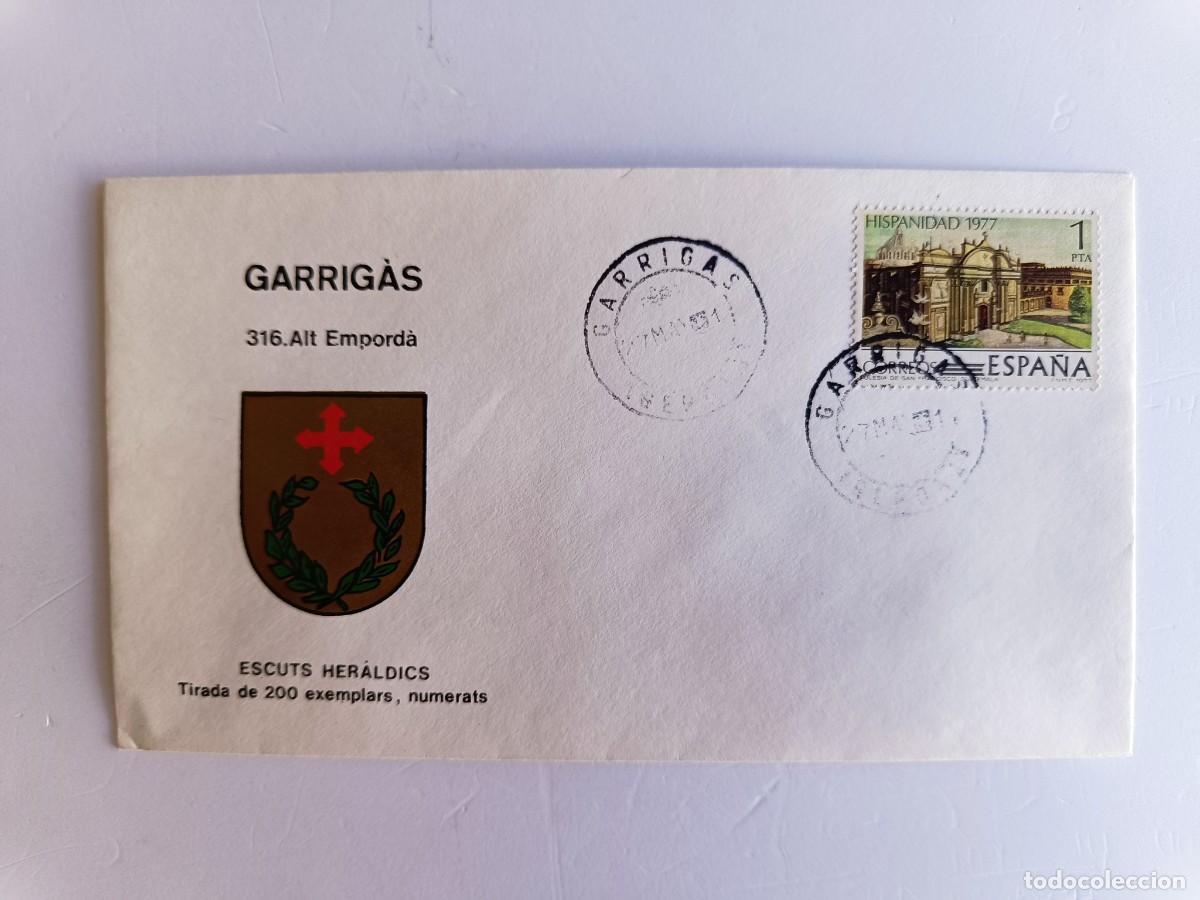 Sellos: MATASELLOS EN SOBRE ILUSTRADO CON ESCUDO DE LA POBLACI&Oacute;N DE GARRIG&Agrave;S - ALT EMPORD&Agrave; - GIRONA