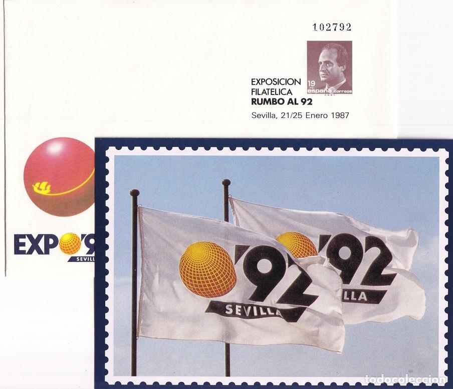 Sellos: Sobre entero postal Sevilla 1987 Expo 92 Sevilla Exposici&oacute;n Filat&eacute;lica Rumbo al 92 + Tarjeta bandera