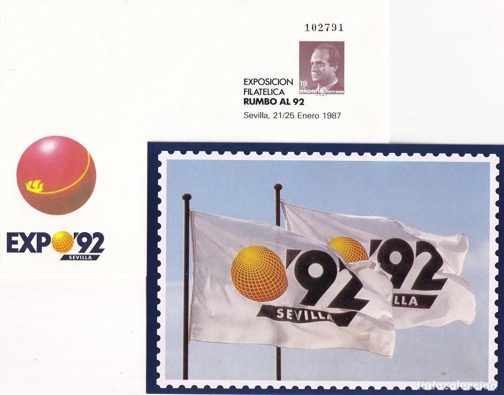 Sellos: Sobre entero postal Sevilla 1987 Expo 92 Sevilla Exposici&oacute;n Filat&eacute;lica Rumbo al 92 + Tarjeta bandera
