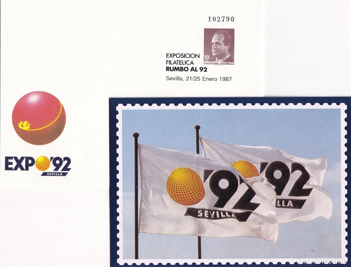 Sellos: Sobre entero postal Sevilla 1987 Expo 92 Sevilla Exposici&oacute;n Filat&eacute;lica Rumbo al 92 + Tarjeta bandera