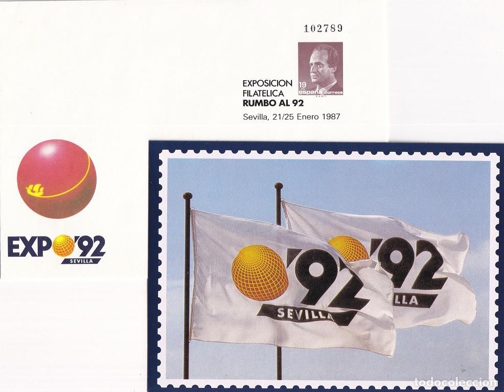 Sellos: Sobre entero postal Sevilla 1987 Expo 92 Sevilla Exposici&oacute;n Filat&eacute;lica Rumbo al 92 + Tarjeta bandera
