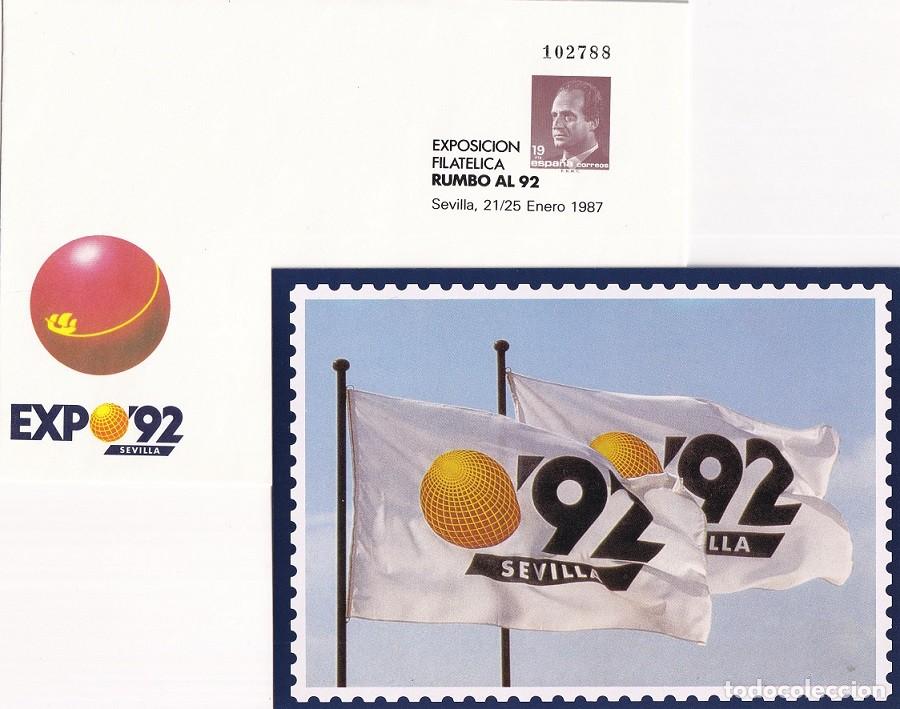 Sellos: Sobre entero postal Sevilla 1987 Expo 92 Sevilla Exposici&oacute;n Filat&eacute;lica Rumbo al 92 + Tarjeta bandera