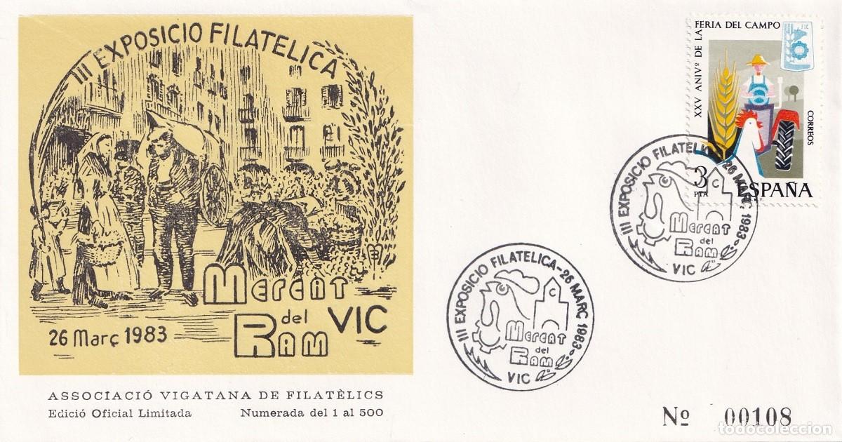 Sellos: Sobre Vic 1983 - III Exposici&oacute; Filat&egrave;lica Mercat del Ram 108/500 - Associaci&oacute; Vigatana de Filat&egrave;lics