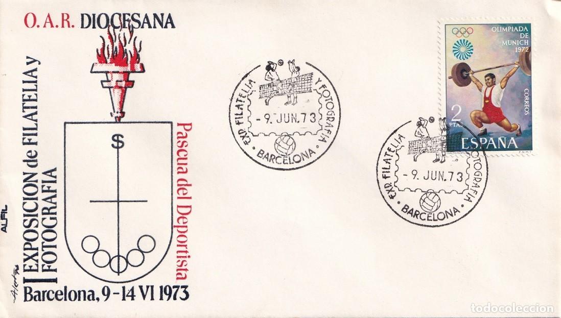 Briefmarken: Sobre Alfil Barcelona 1973 - Exp. de filatelia y fotograf&iacute;a Pascua del Deportista - O.A.R. Diocesana