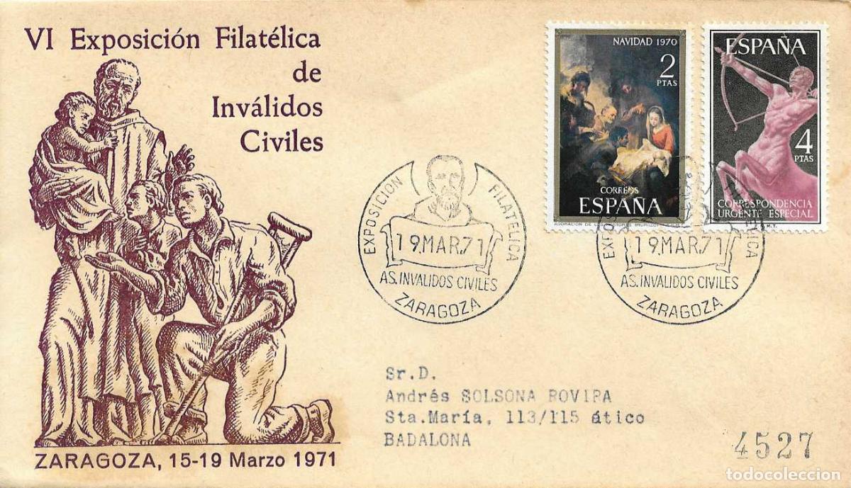 Sellos: SAN JUAN DE DIOS INVALIDOS CIVILES VI EXPOSICION ZARAGOZA 1971 RARO MATASELLOS SOBRE CIRCULADO ALFIL