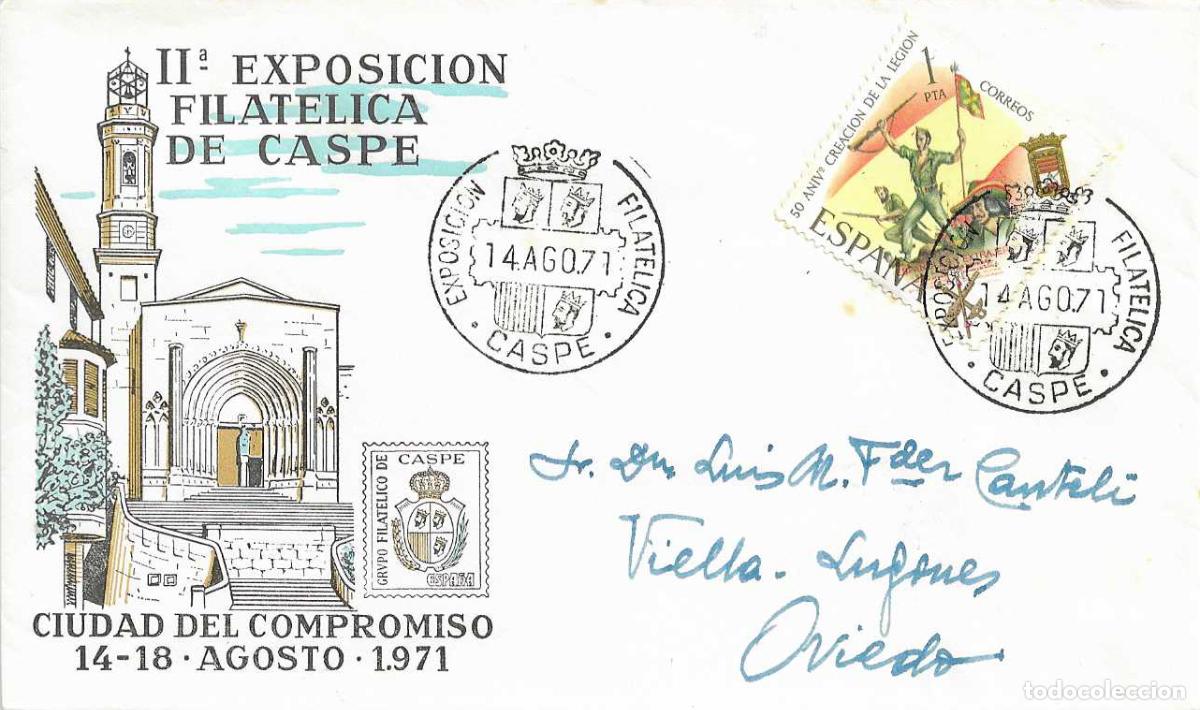 Sellos: II EXPOSICION FILATELICA, CASPE (ZARAGOZA) 1971. MATASELLOS EN RARO SOBRE DEL GRUPO FILATELICO VER