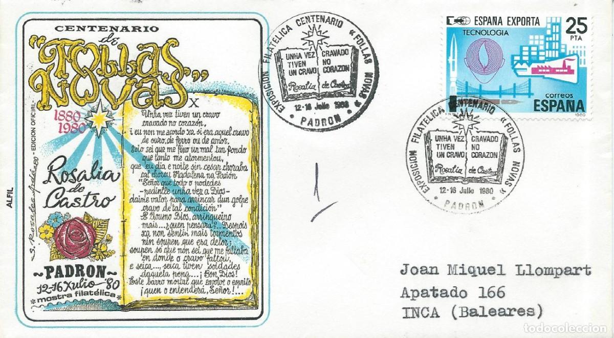 Sellos: 1980. PADR&Oacute;N. CORU&Ntilde;A. MATASELLOS/POSTMARK. EXP. CENT&ordm; FOLLAS NOVAS. ROSAL&Iacute;A DE CASTRO. LITERATURA.