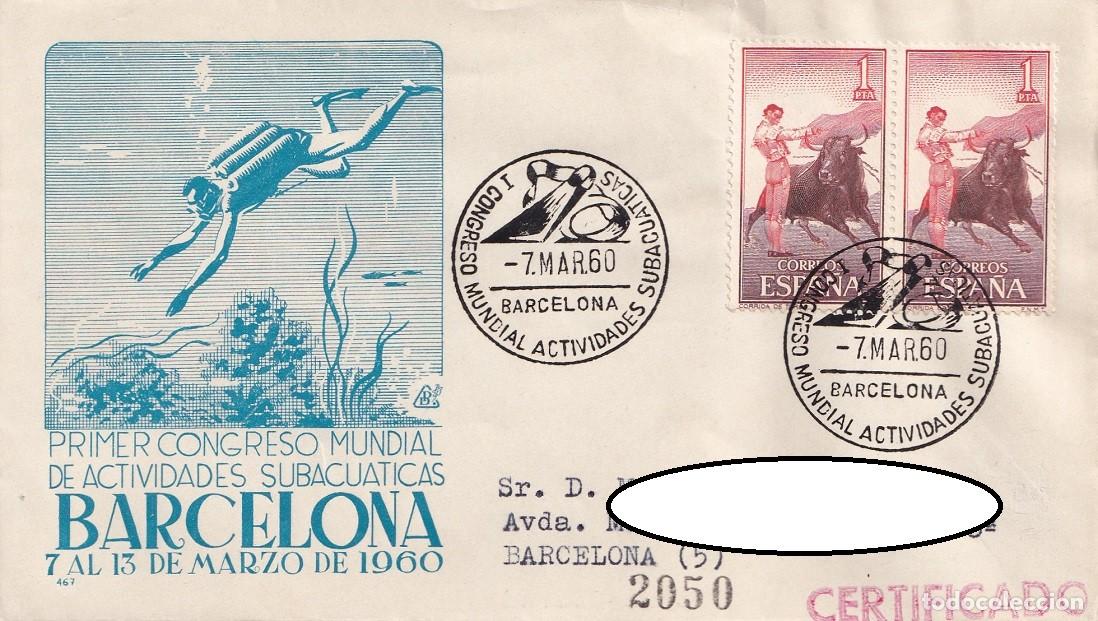Sellos: Sobre Barcelona 1960 Certificado - Primer Congreso Mundial de Actividades Subacu&aacute;ticas - Matasellos