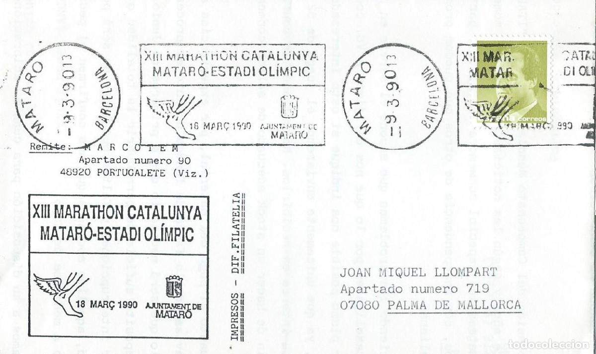 Sellos: 1990. MATAR&Oacute;. RODILLO/SLOGAN. XIII MARATHON CATALUNYA MATAR&Oacute;-ESTADI OL&Iacute;MPIC. DEPORTES/SPORTS.