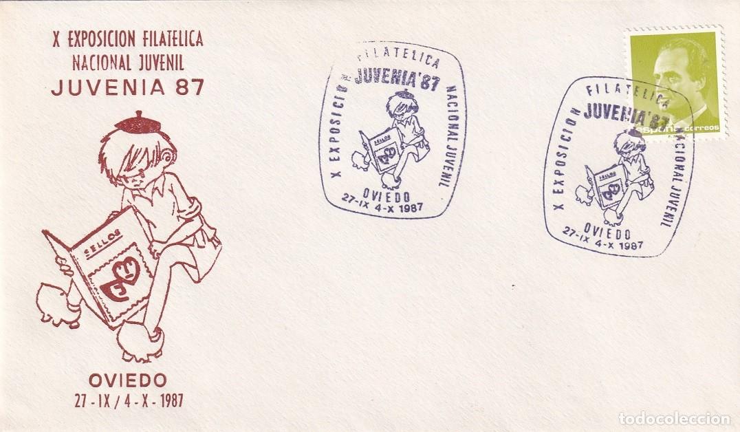 Sellos: Sobre Oviedo 1987 - X Exposici&oacute;n Filat&eacute;lica Nacional Juvenil Juvenia 87 - Matasellos especiales