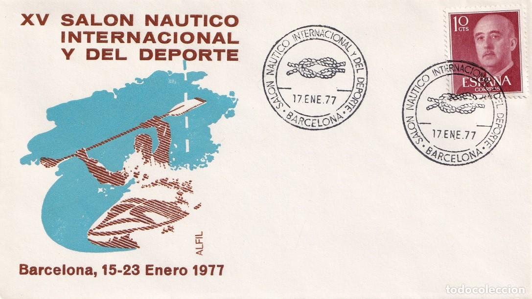 Sellos: Sobre en Alfil Barcelona 1977 - XV Sal&oacute;n n&aacute;utico internacional y del Deporte - Matasellos especiales