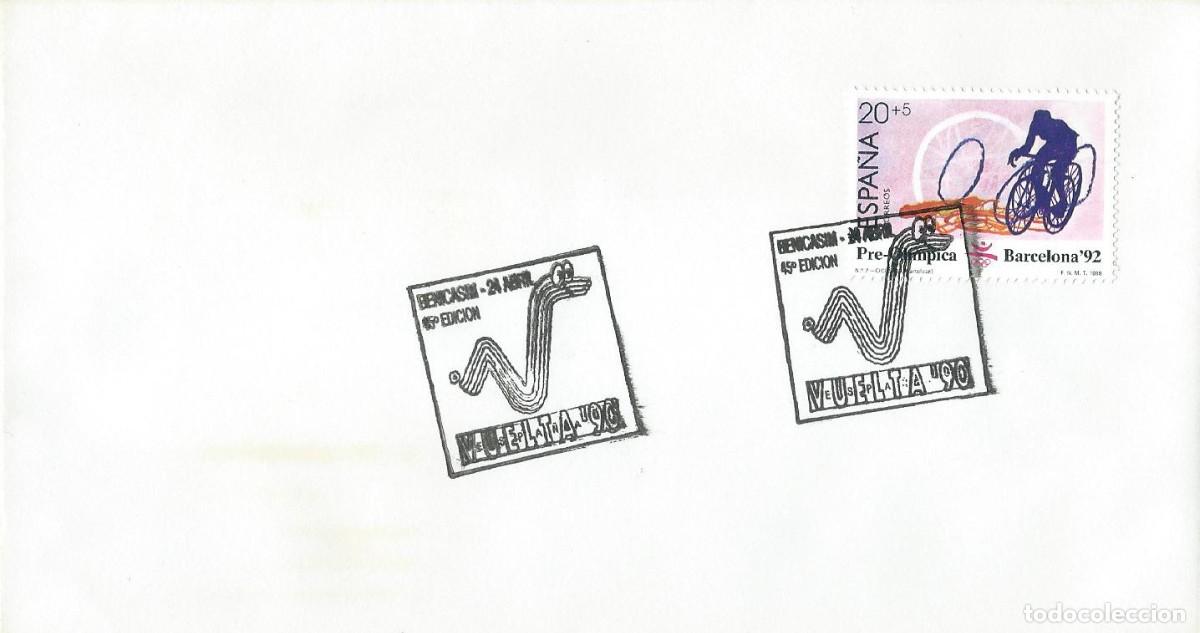 Sellos: 1990. BENICASIM. CASTELL&Oacute;N. MATASELLOS/POSTMARK. VUELTA'90. CICLISMO/CYCLING. DEPORTES/SPORTS.