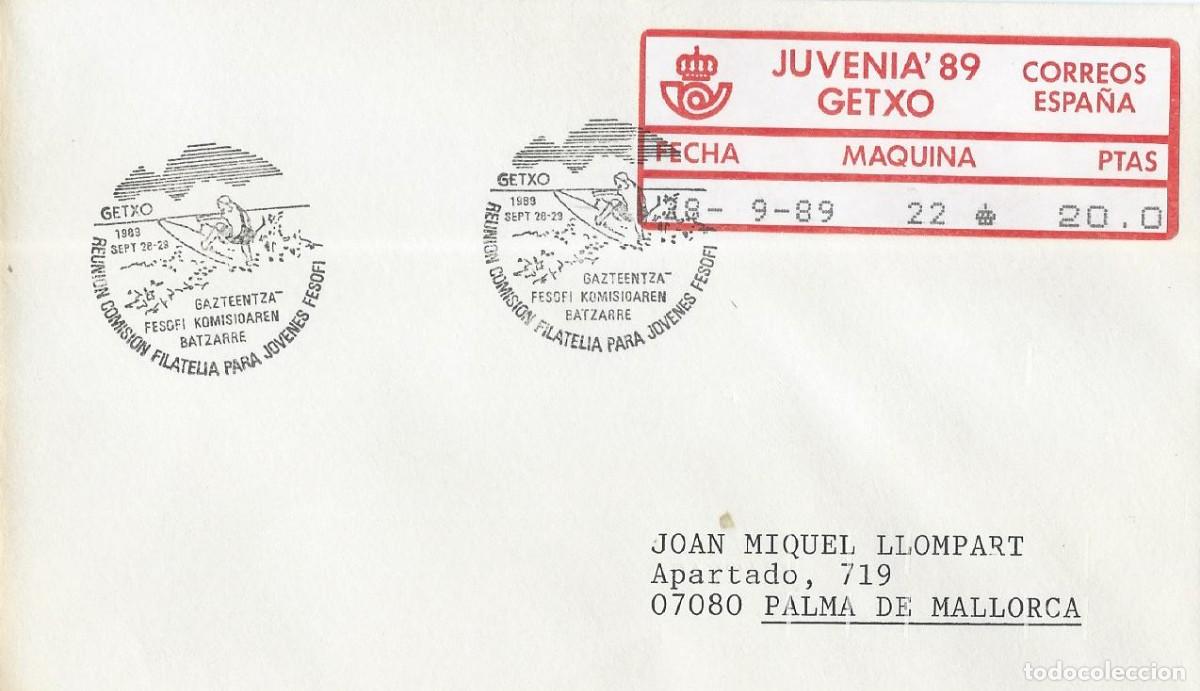 Sellos: 1989. GETXO. MATASELLOS/POSTMARK. JUVENIA'89. SURFING. ETIQUETA DE FRANQUEO EPELSA. DEPORTES/SPORTS.