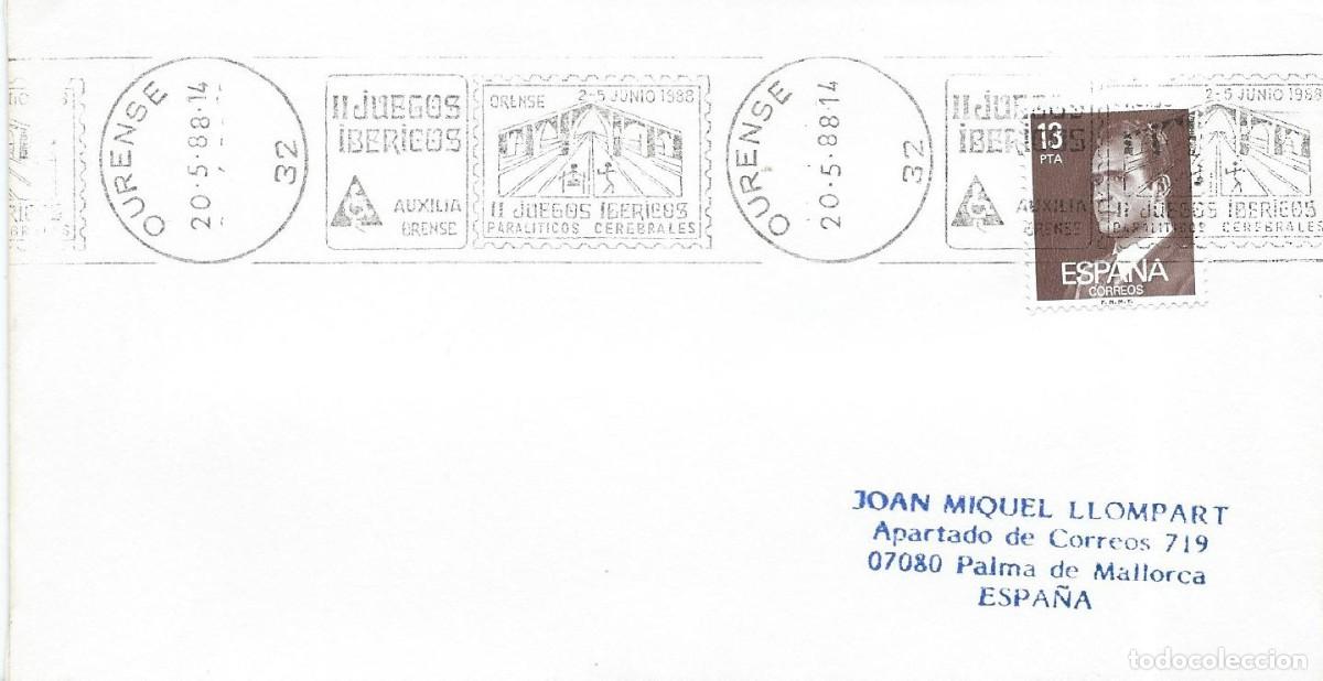 Sellos: 1988. ORENSE. RODILLO/SLOGAN. II JUEGOS IB&Eacute;RICOS PARAL&Iacute;TICOS CEREBRALES. DISCAPACITADOS. DEPORTES.