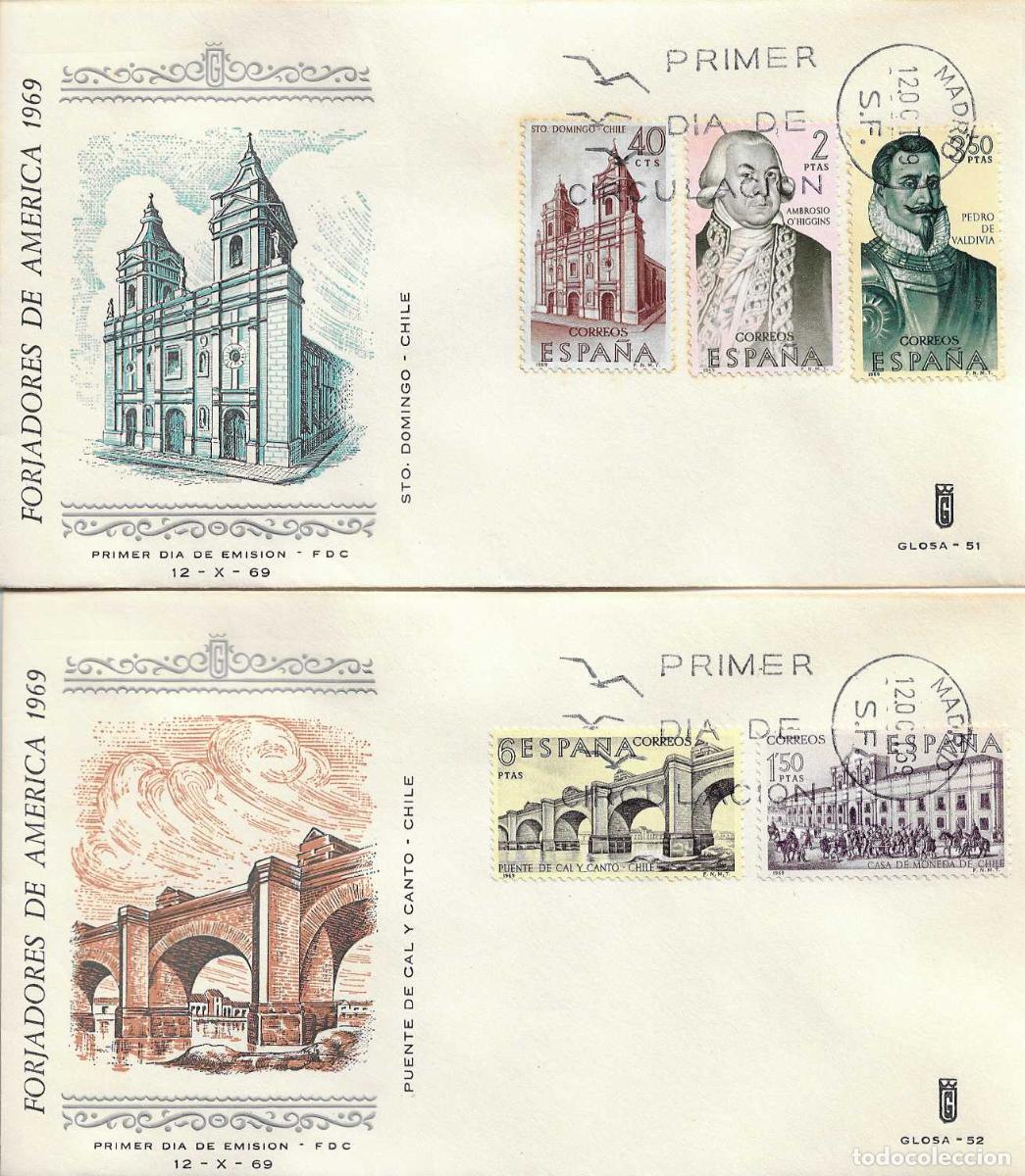 Sellos: FORJADORES DE AMERICA 1969 CHILE (EDIFIL 1939/43) EN DOS SOBRES PRIMER DIA DE GLOSA RARO ASI XZX