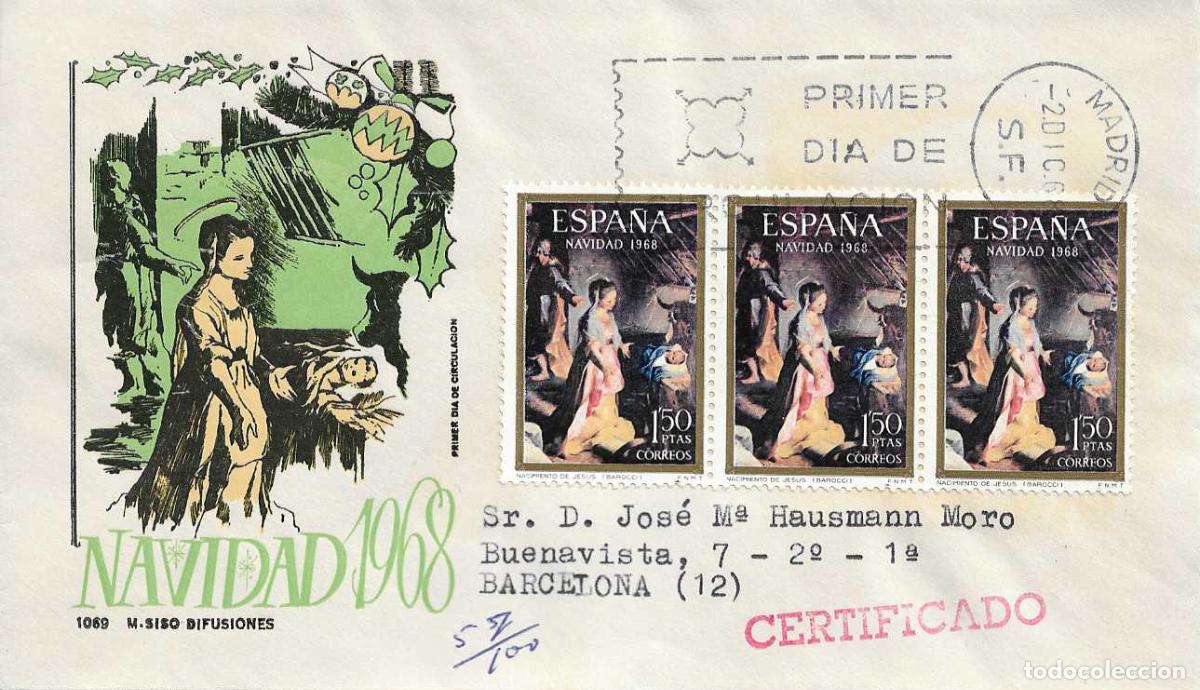 Sellos: NAVIDAD 1968 EL NACIMIENTO DE BAROCCI (EDIFIL 1897 TRES SELLOS) EN SPD CIRCULADO DE MS RARO ASI