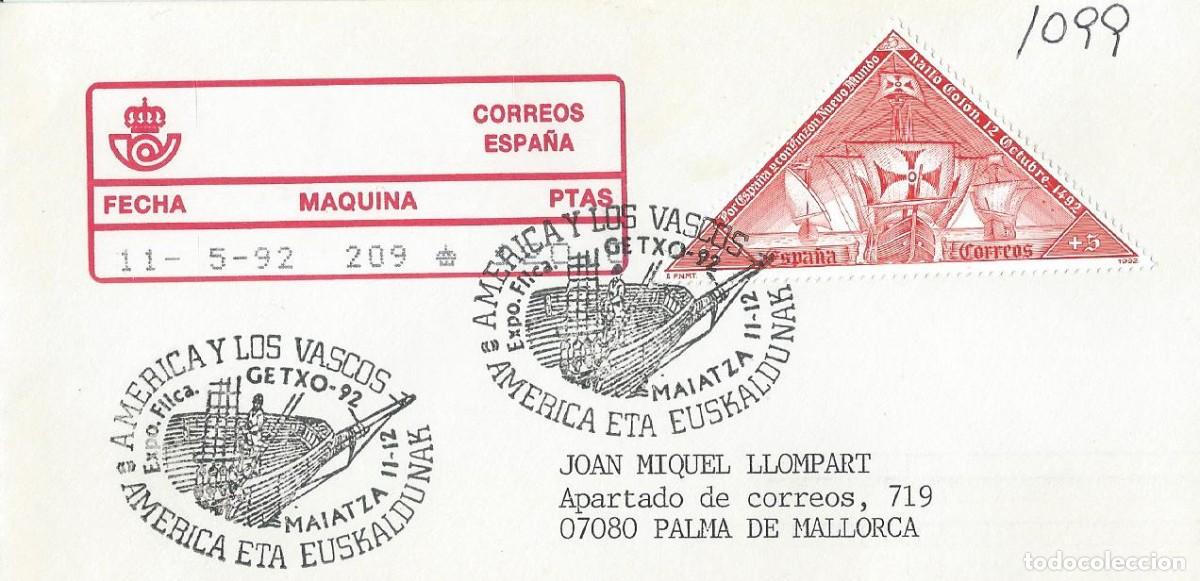 Sellos: 1992. GETXO. MATASELLOS/POSTMARK. EXP. FILAT&Eacute;LICA - AM&Eacute;RICA Y LOS VASCOS. BARCOS. NAVEGACI&Oacute;N.