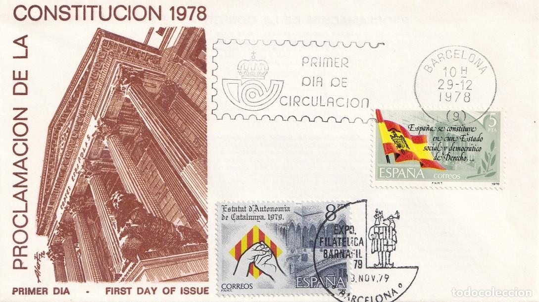 Sellos: SPD Barcelona 1979 - Proclamaci&oacute;n de la Constituci&oacute;n - Exposici&oacute;n Filat&eacute;lica Barnafil 79 Primer d&iacute;a