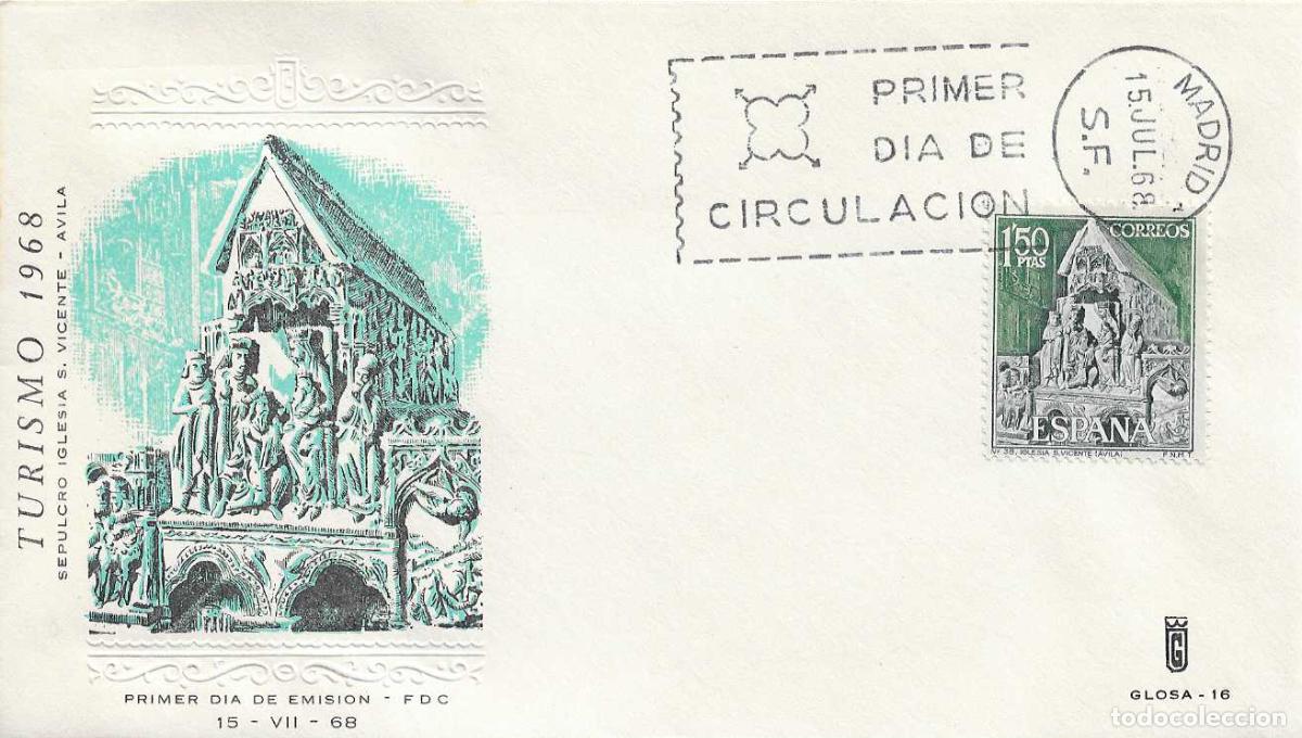Francobolli: IGLESIA DE SAN VICENTE EN AVILA SERIE TURISTICA 1968 (EDIFIL 1877) SOBRE PRIMER DIA GLOSA RARO XZX