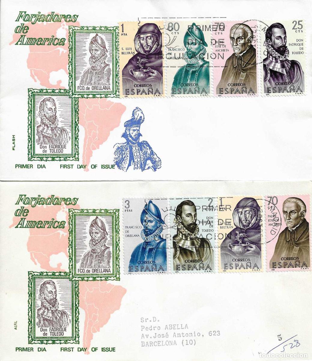 Sellos: RARA VARIEDAD FORJADORES DE AMERICA 1965 (EDIFIL 1678/81) EN SOBRE PRIMER DIA DE FLASH RARO ASI XZX