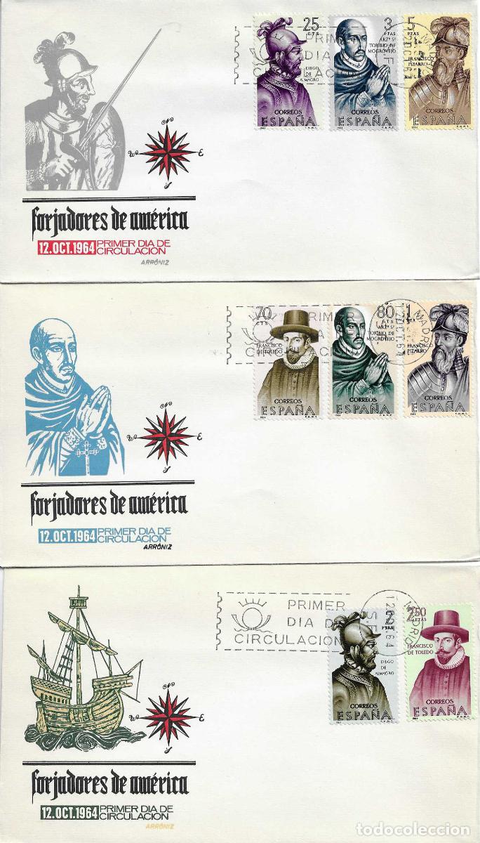 Sellos: FORJADORES DE AMERICA 1964 (EDIFIL 1622/29) EN TRES SOBRES PRIMER DIA DE ARRONIZ. RAROS ASI XZX
