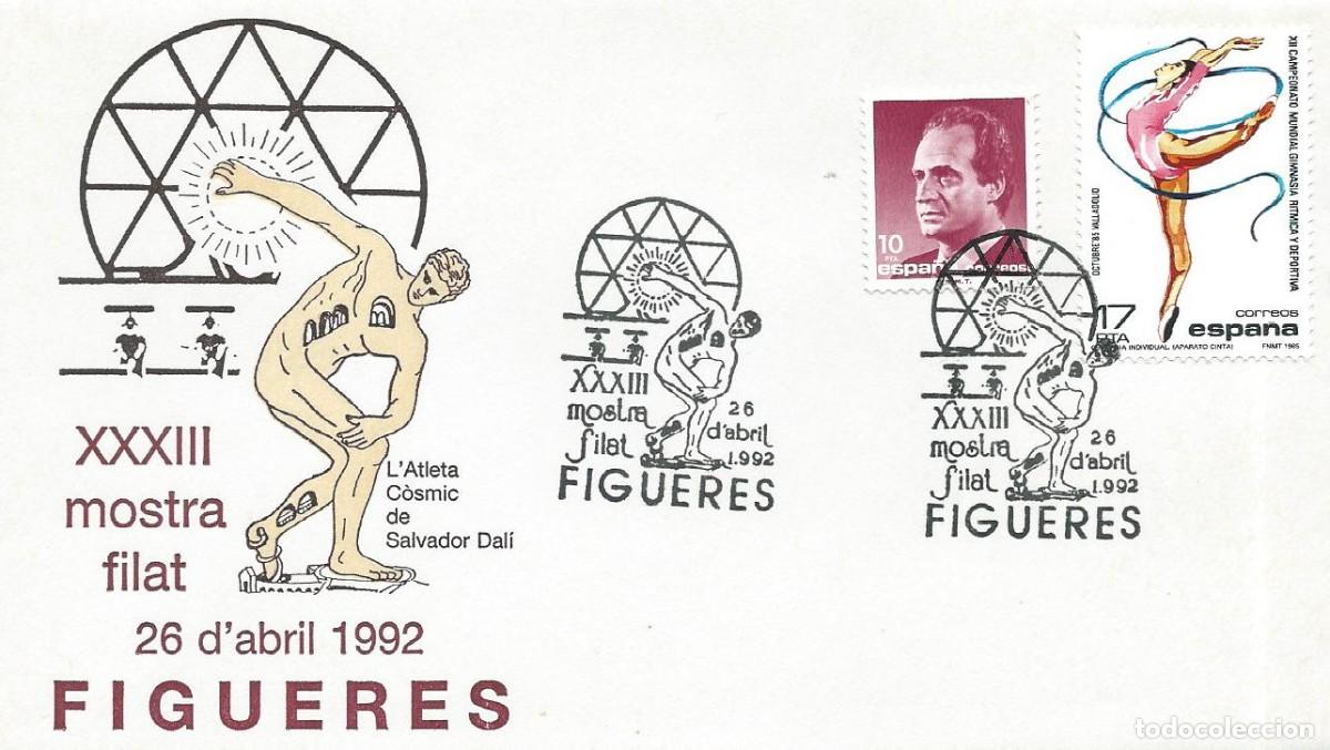 Sellos: 1992. FIGUERES. GIRONA. MATASELLOS. XXXIII MOSTRA FILAT&Eacute;LICA. DISC&Oacute;BOLO. JUEGOS OL&Iacute;MPICOS. DEPORTES.